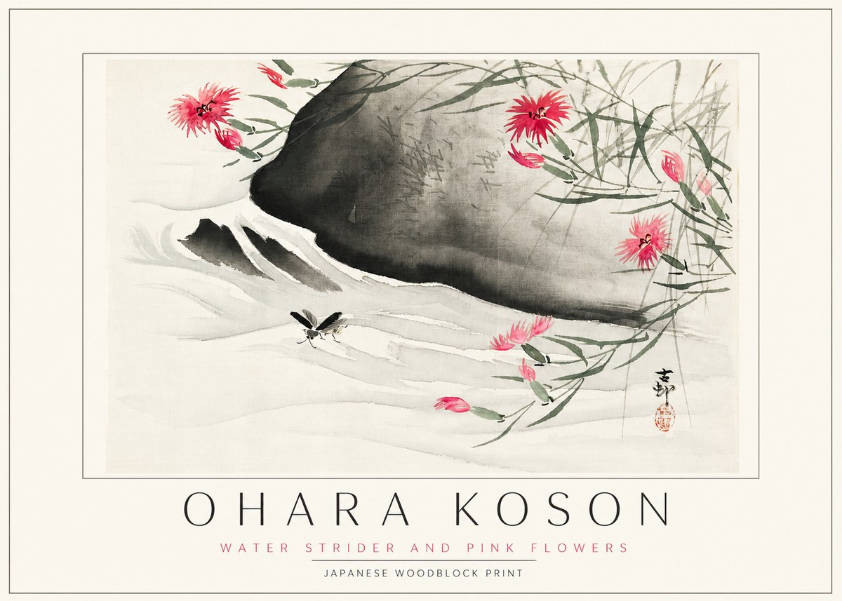 Ohara Koson Water Strider and Pink Flowers No3 - Plakát