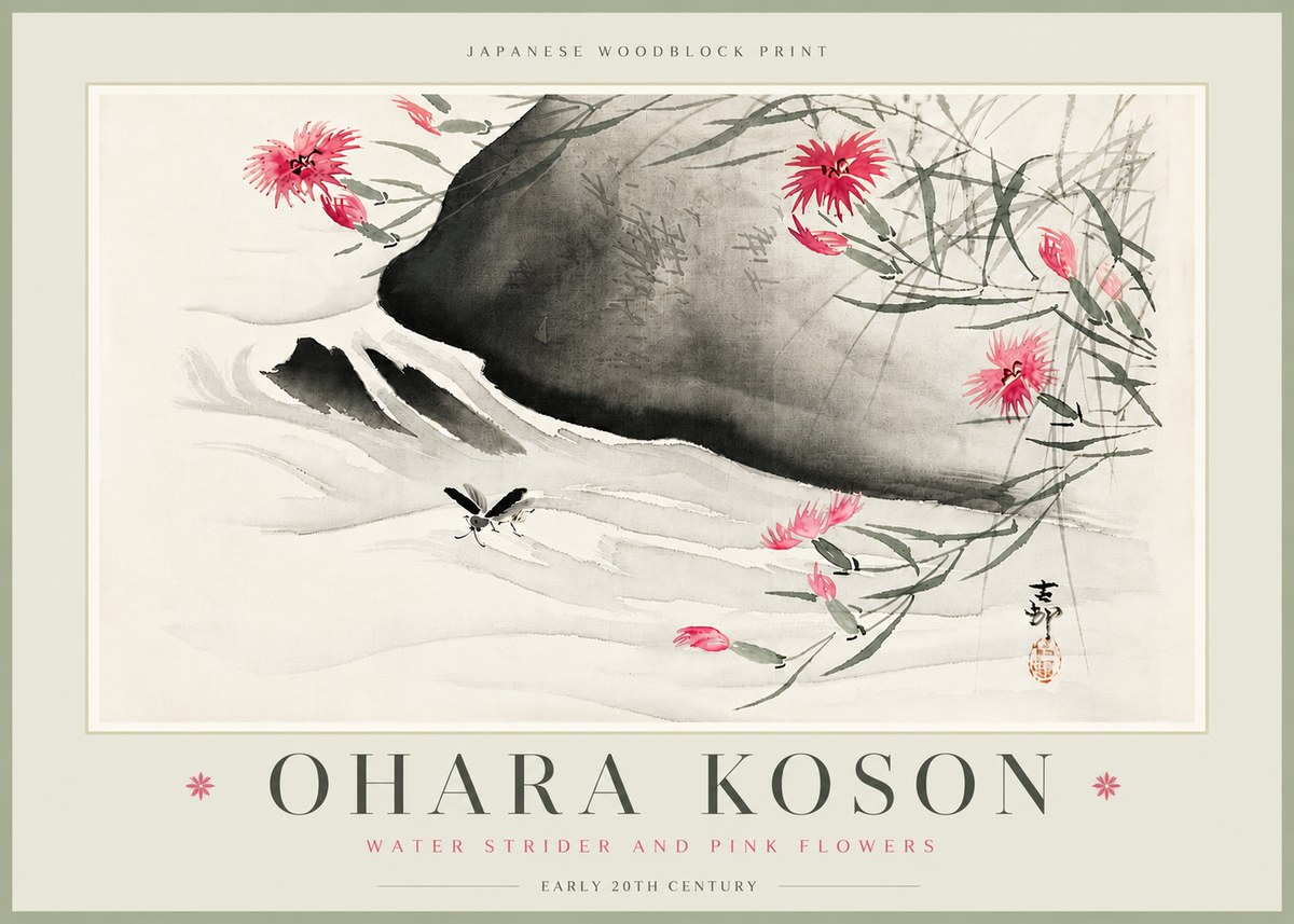 Ohara Koson Water Strider and Pink Flowers No6 - Plakát