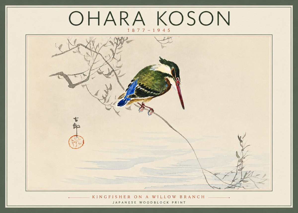 Ohara Koson Kingfisher on a Willow Branch No5 - Plakát