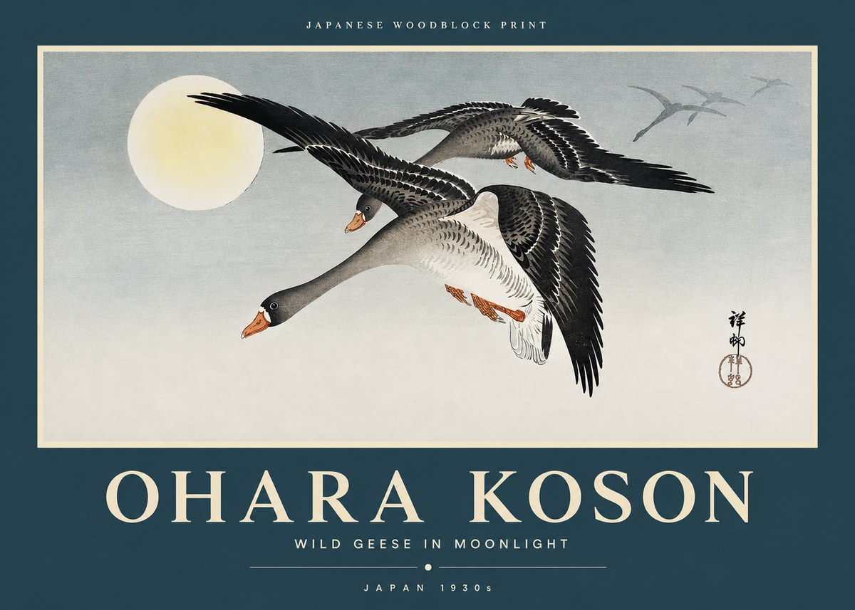 Ohara Koson Wild Geese in Moonlight III No2 - Plakát