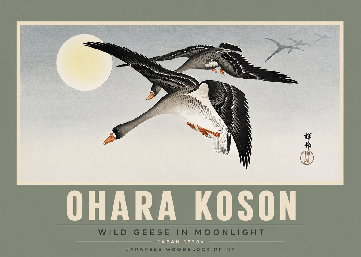 Ohara Koson Wild Geese in Moonlight III No5 - Plakát
