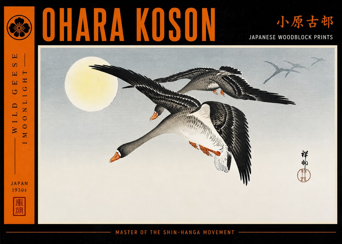 Ohara Koson Wild Geese in Moonlight III No6 - Plakát
