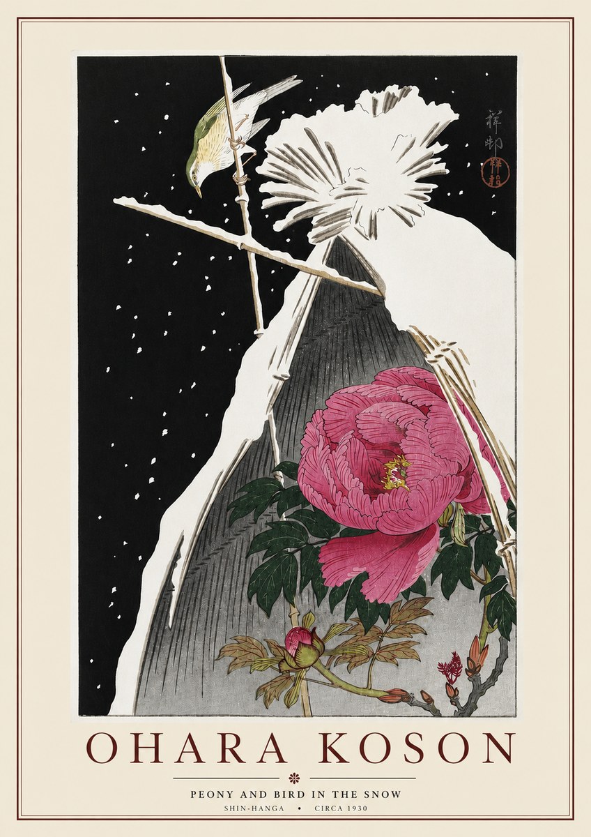 Ohara Koson Peony and Bird in the Snow No3 - Plakát