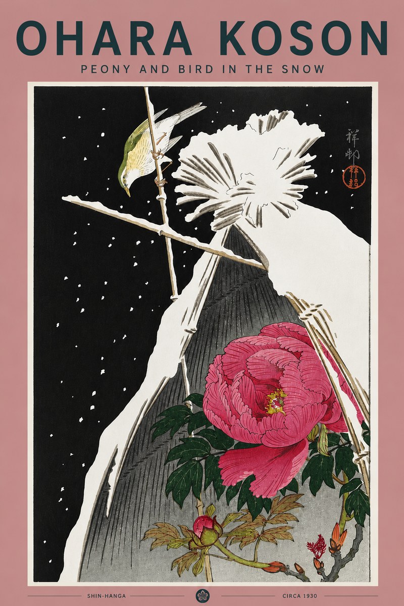 Ohara Koson Peony and Bird in the Snow No5 - Plakát