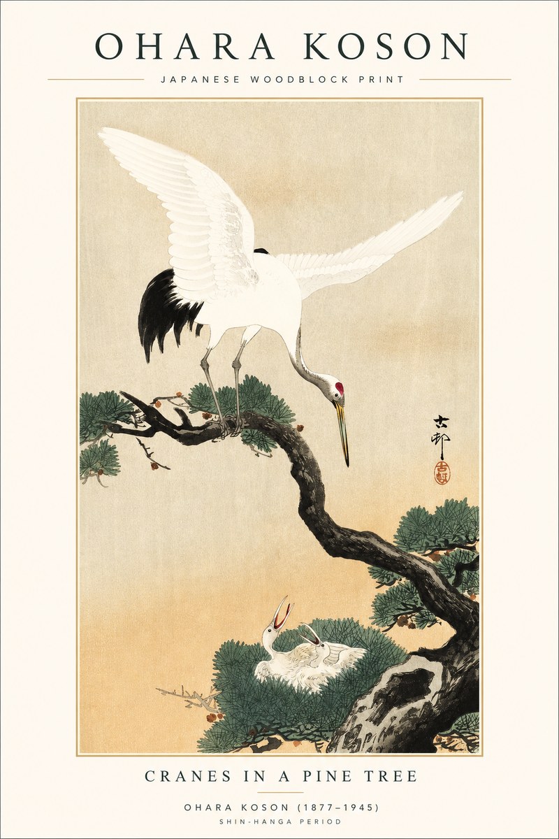 Ohara Koson Cranes in Pine No2 - Plakát