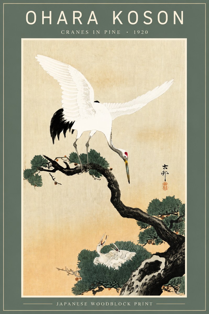 Ohara Koson Cranes in Pine No4 - Plakát