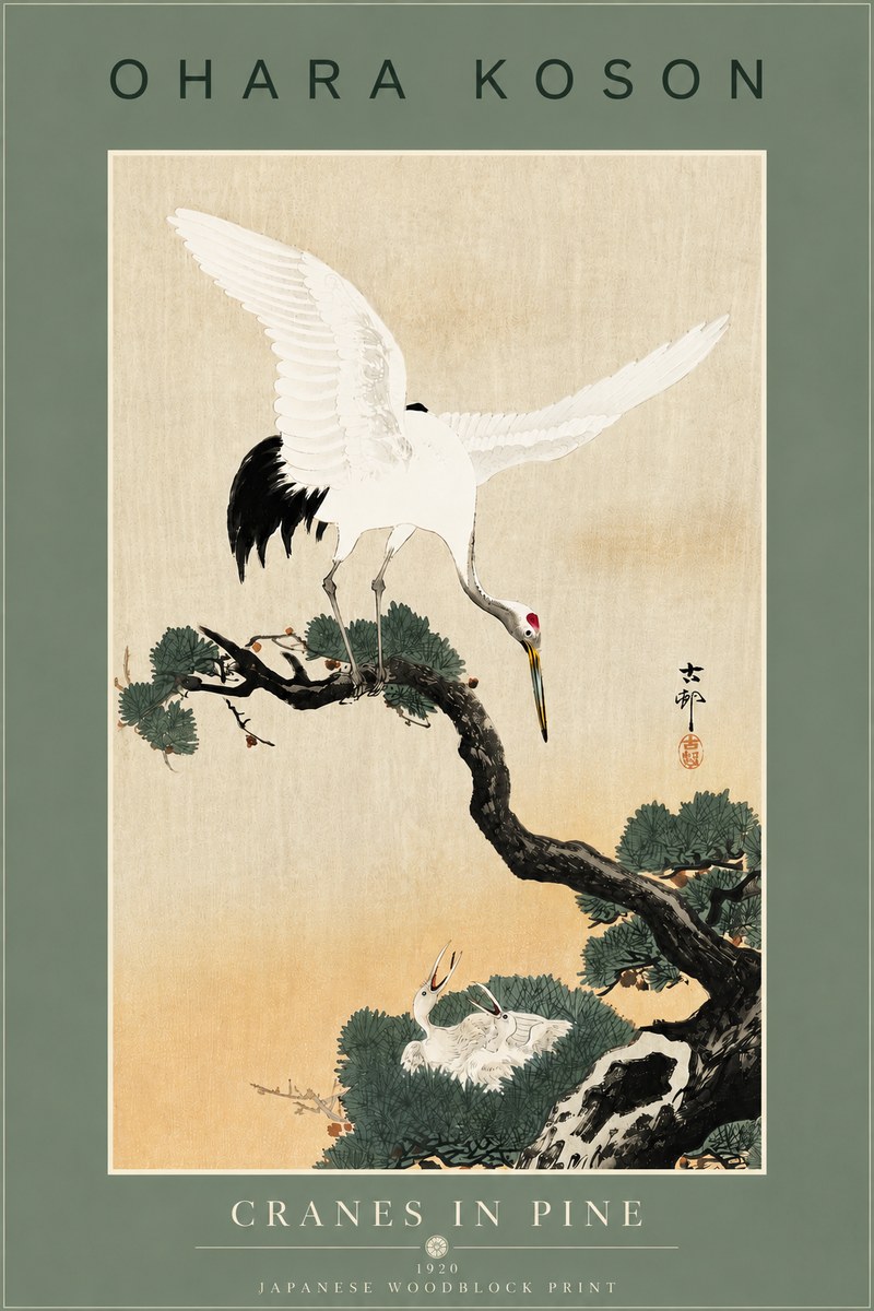 Ohara Koson Cranes in Pine No6 - Plakát