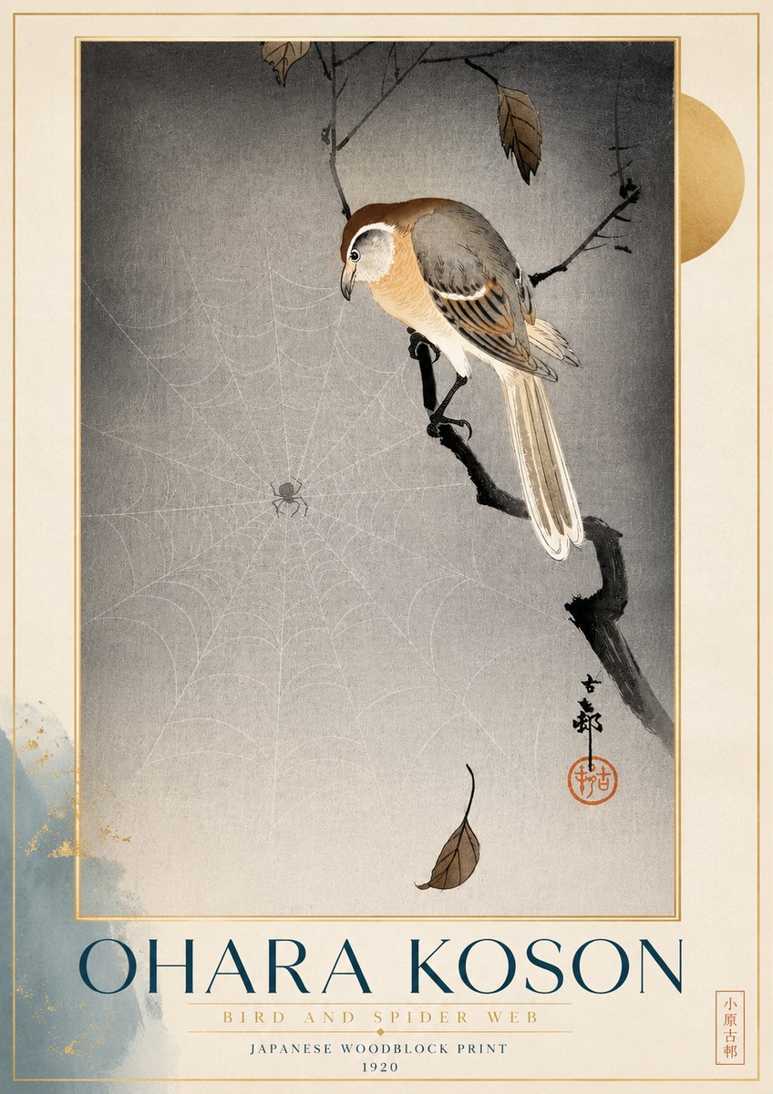 Ohara Koson Bird and Spider Web II No4 - Plakát