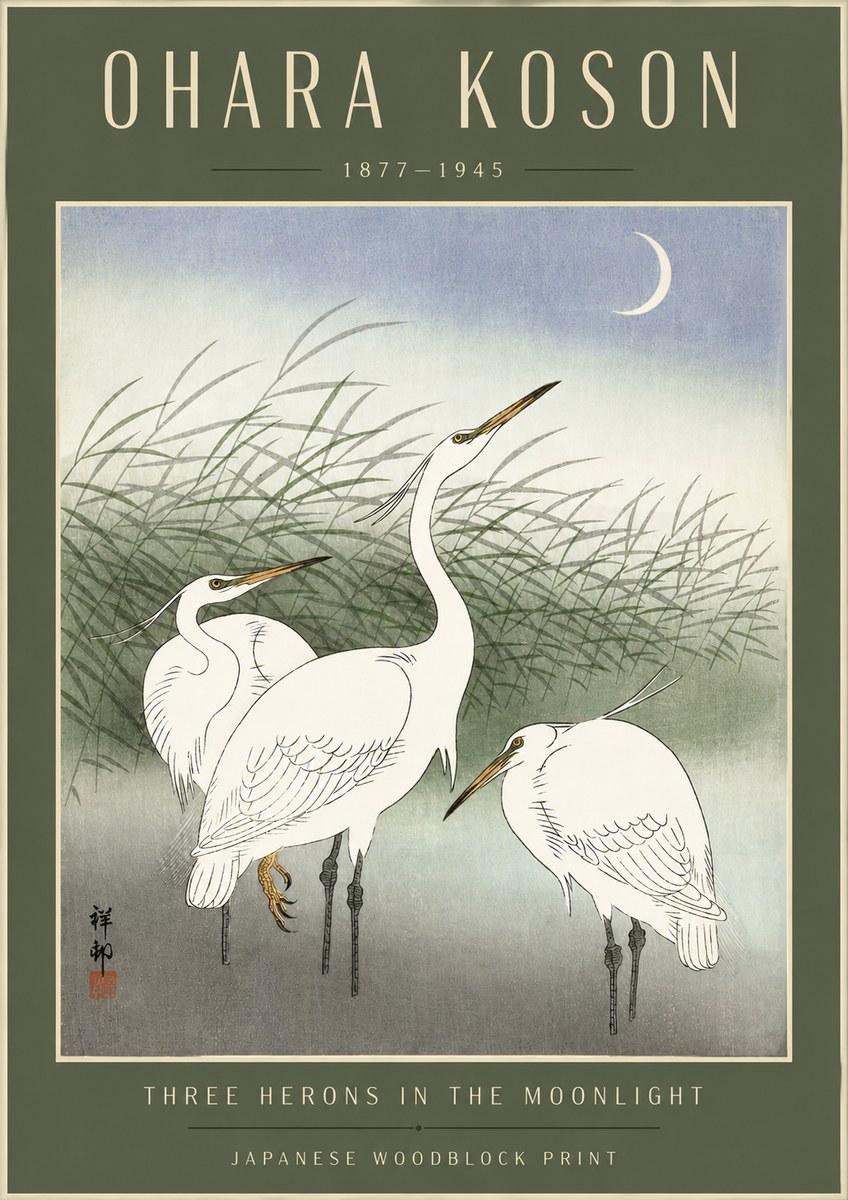 Ohara Koson Three Herons in the Moonlight No4 - Plakát
