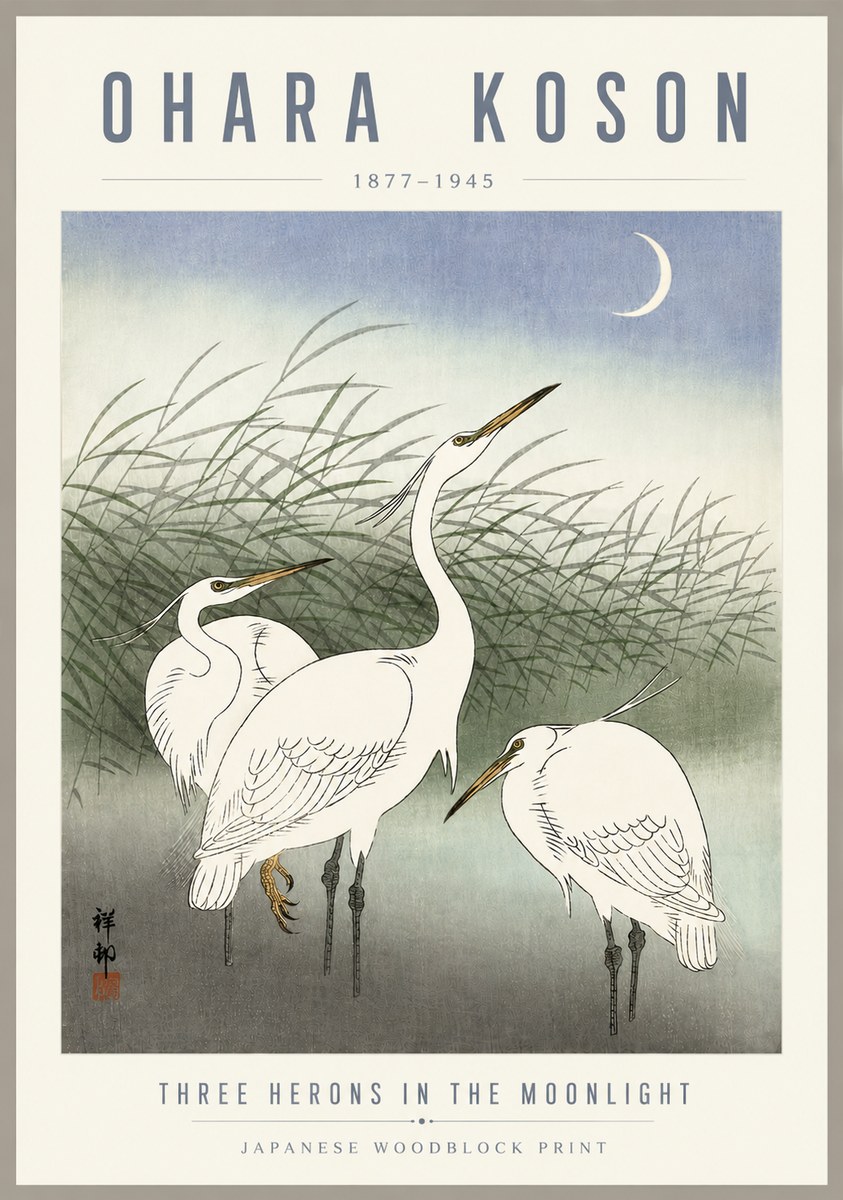 Ohara Koson Three Herons in the Moonlight No5 - Plakát