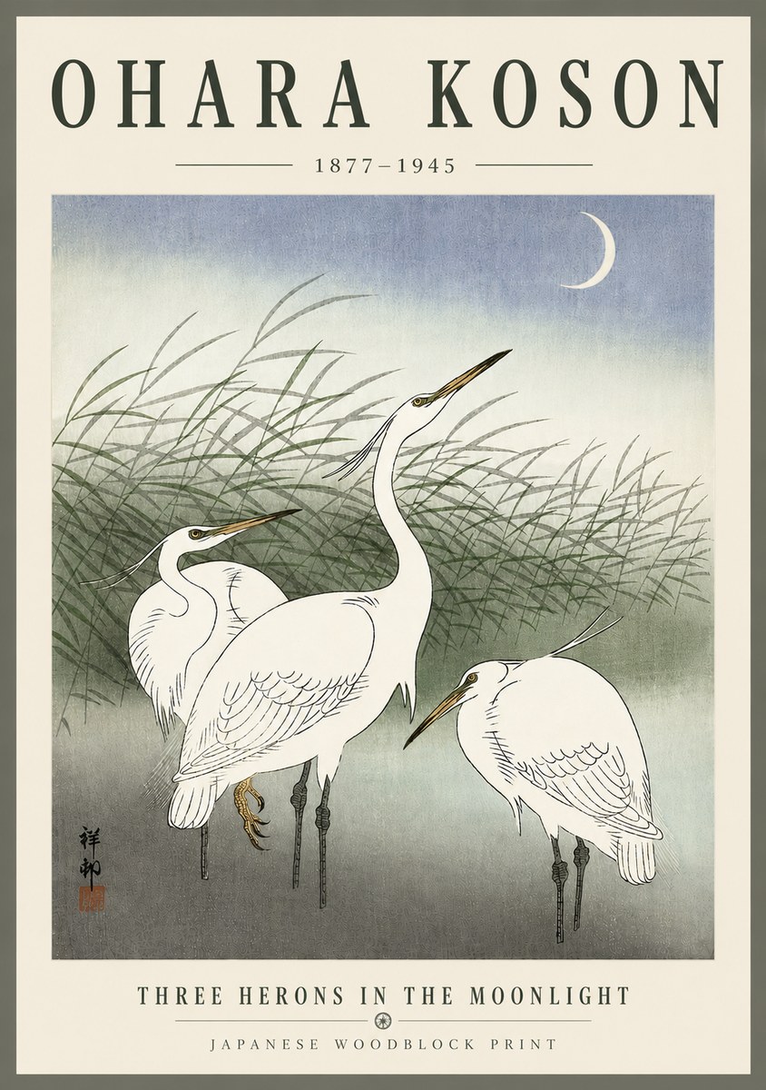 Ohara Koson Three Herons in the Moonlight No6 - Plakát