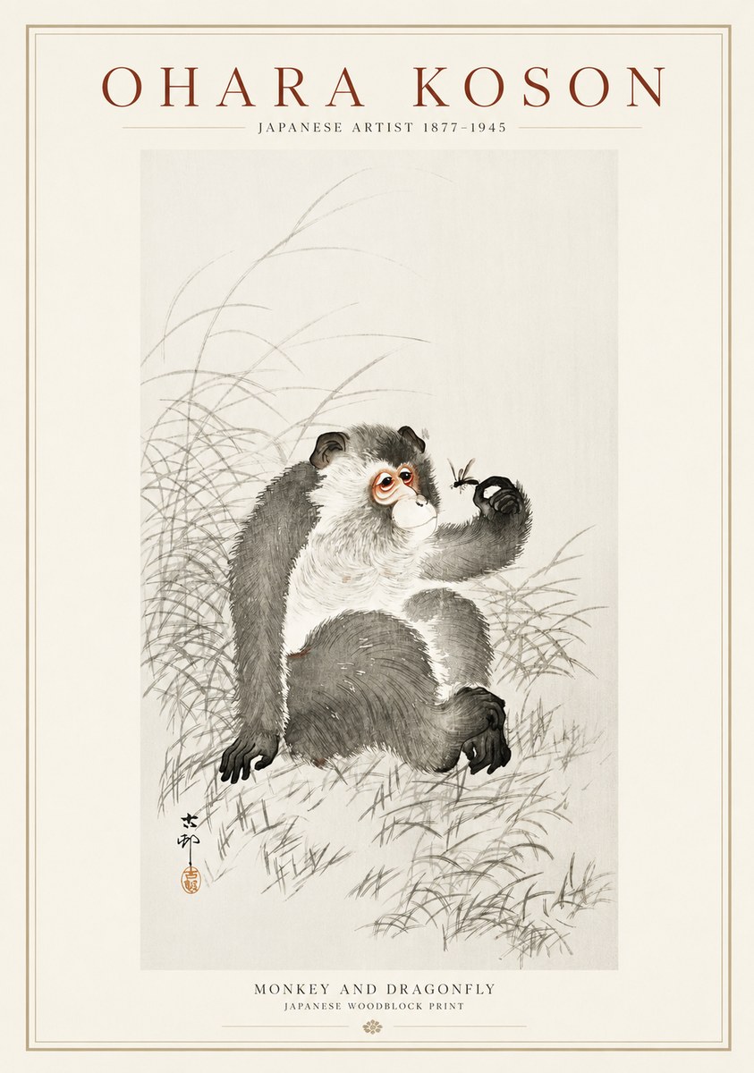 Ohara Koson Monkey and Dragonfly No1 - Plakát