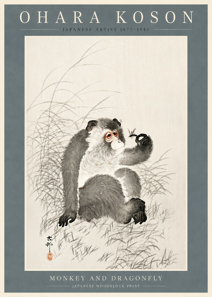Ohara Koson Monkey and Dragonfly No2 - Plakát