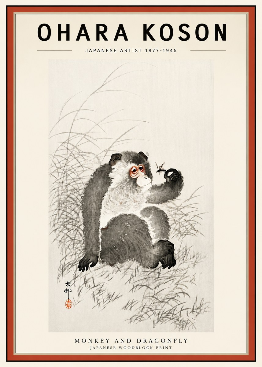 Ohara Koson Monkey and Dragonfly No3 - Plakát