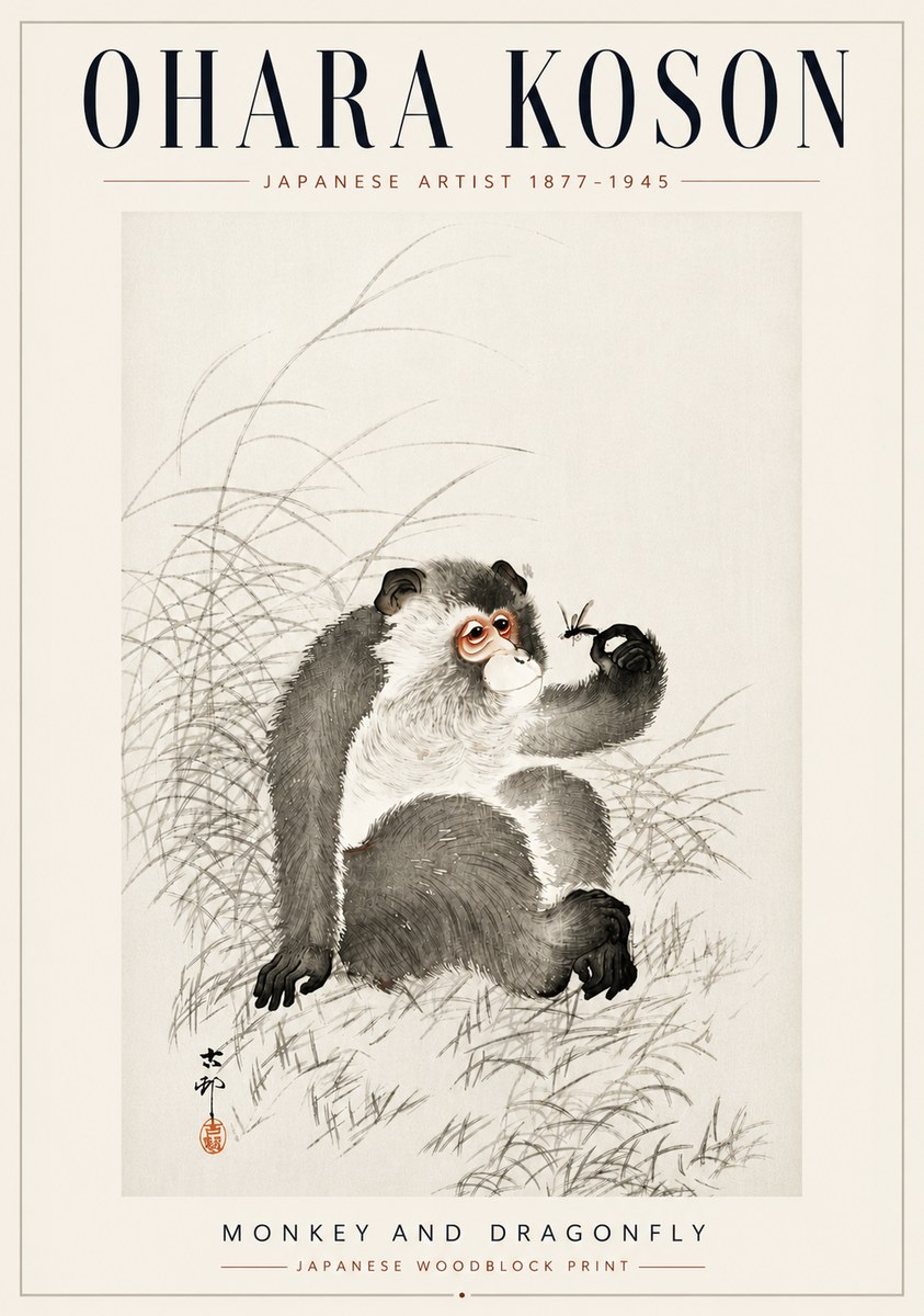 Ohara Koson Monkey and Dragonfly No5 - Plakát