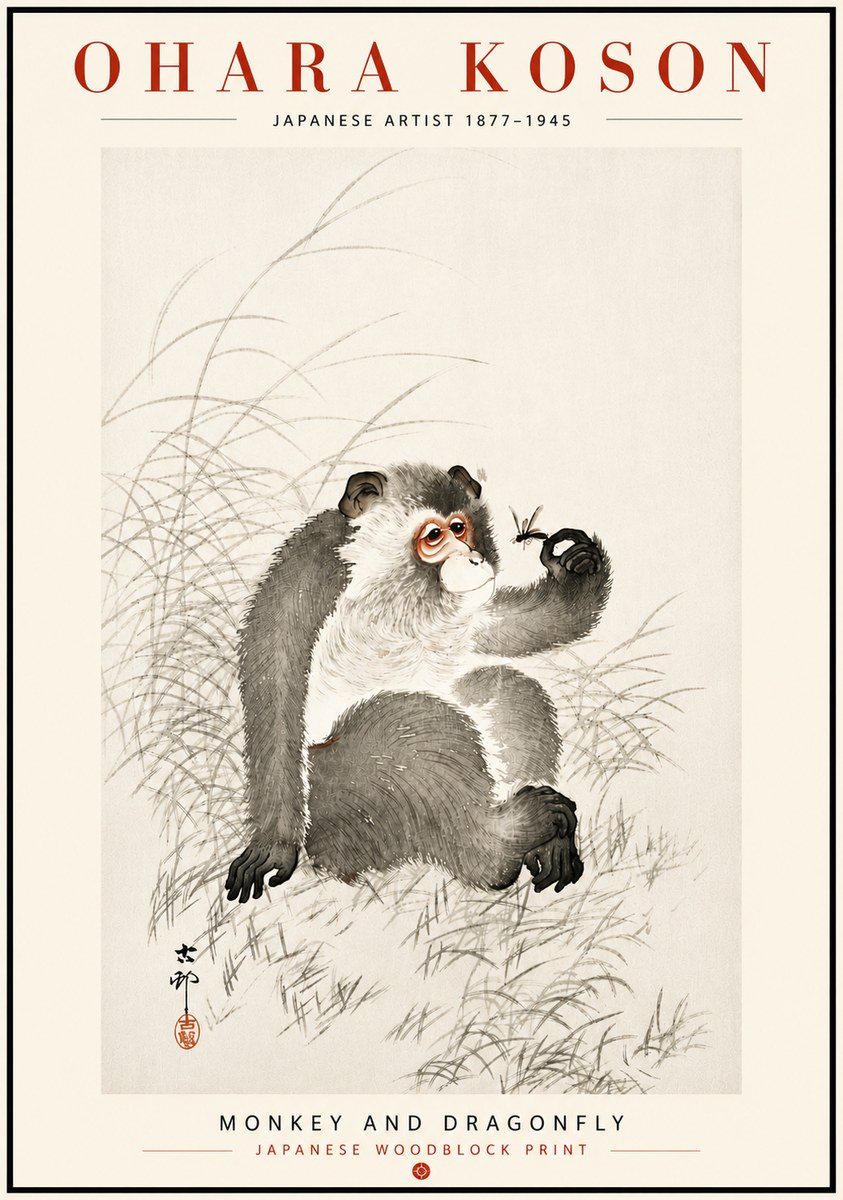 Ohara Koson Monkey and Dragonfly No6 - Plakát