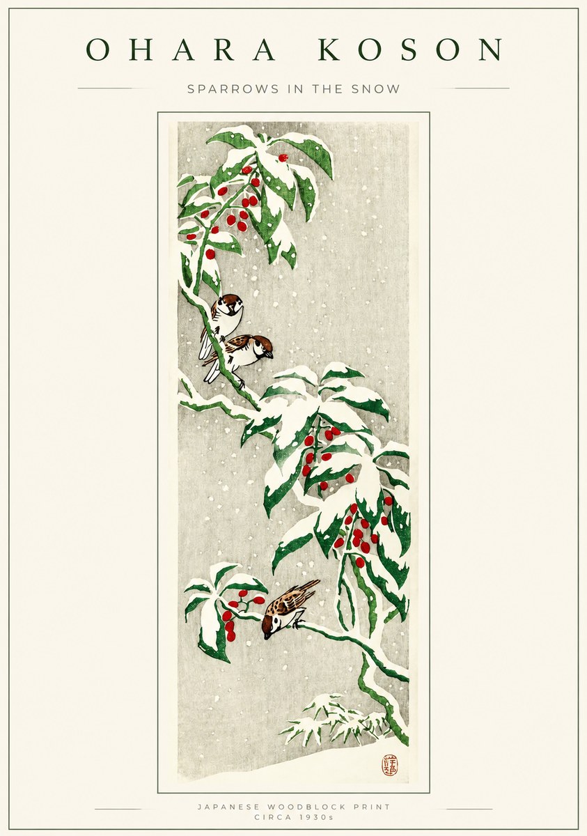 Ohara Koson Sparrows in the Snow No1 - Plakát