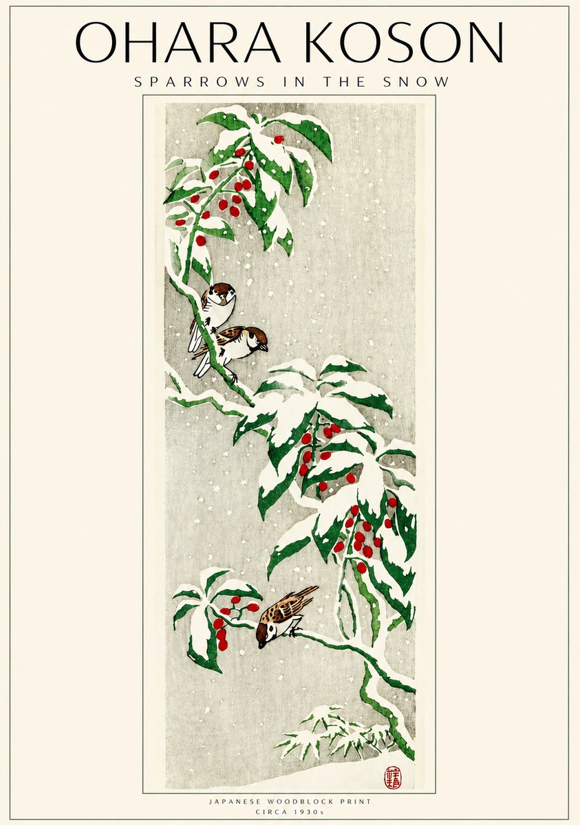 Ohara Koson Sparrows in the Snow No3 - Plakát