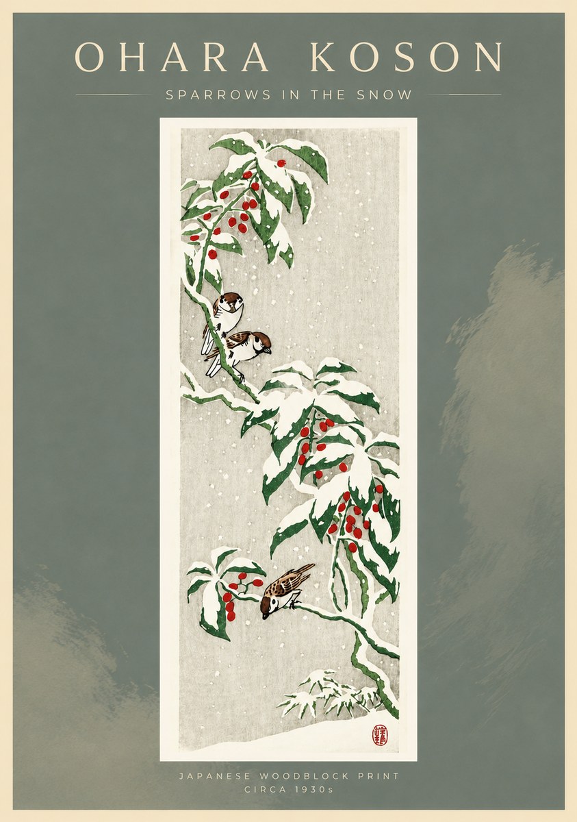 Ohara Koson Sparrows in the Snow No4 - Plakát