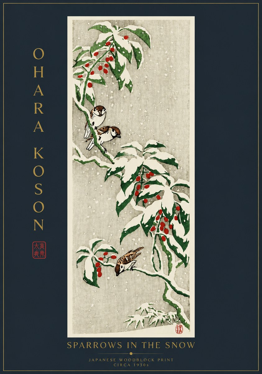 Ohara Koson Sparrows in the Snow No6 - Plakát