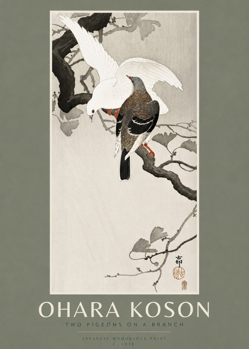 Ohara Koson Two Pigeons on a Branch No2 - Plakát