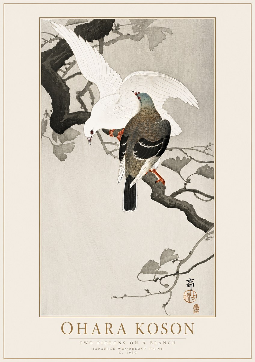 Ohara Koson Two Pigeons on a Branch No4 - Plakát