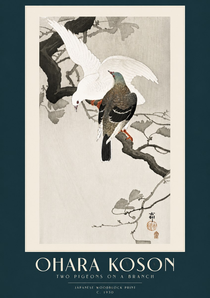 Ohara Koson Two Pigeons on a Branch No5 - Plakát
