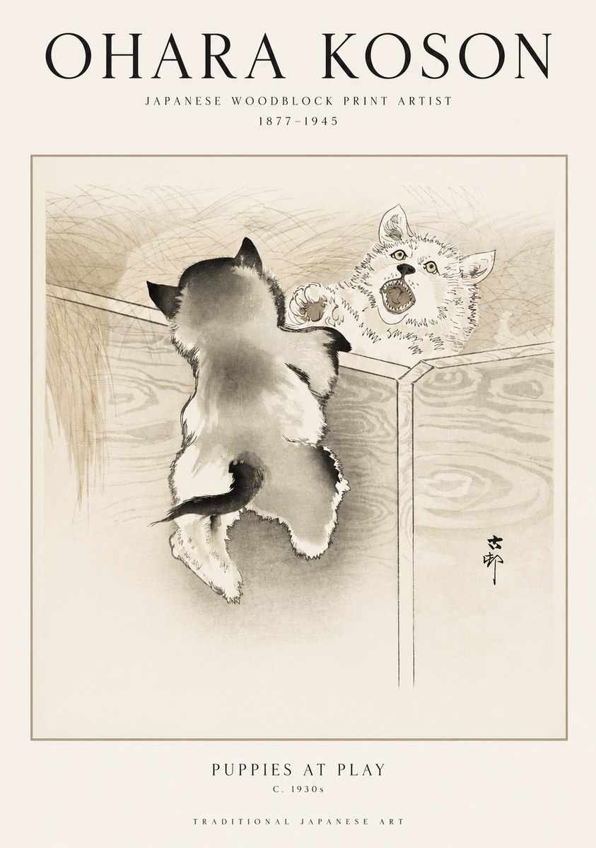 Ohara Koson Puppies at Play No1 - Plakát
