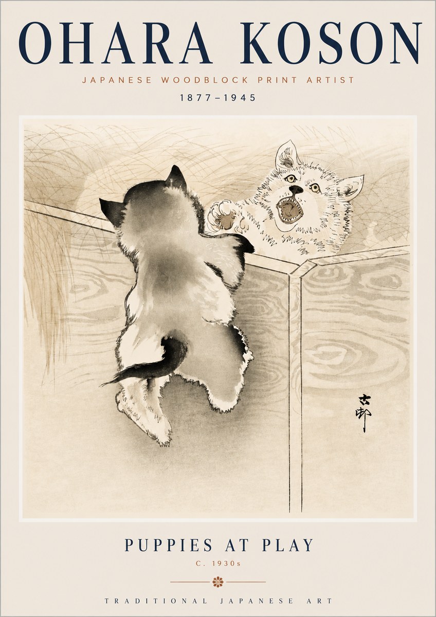Ohara Koson Puppies at Play No3 - Plakát
