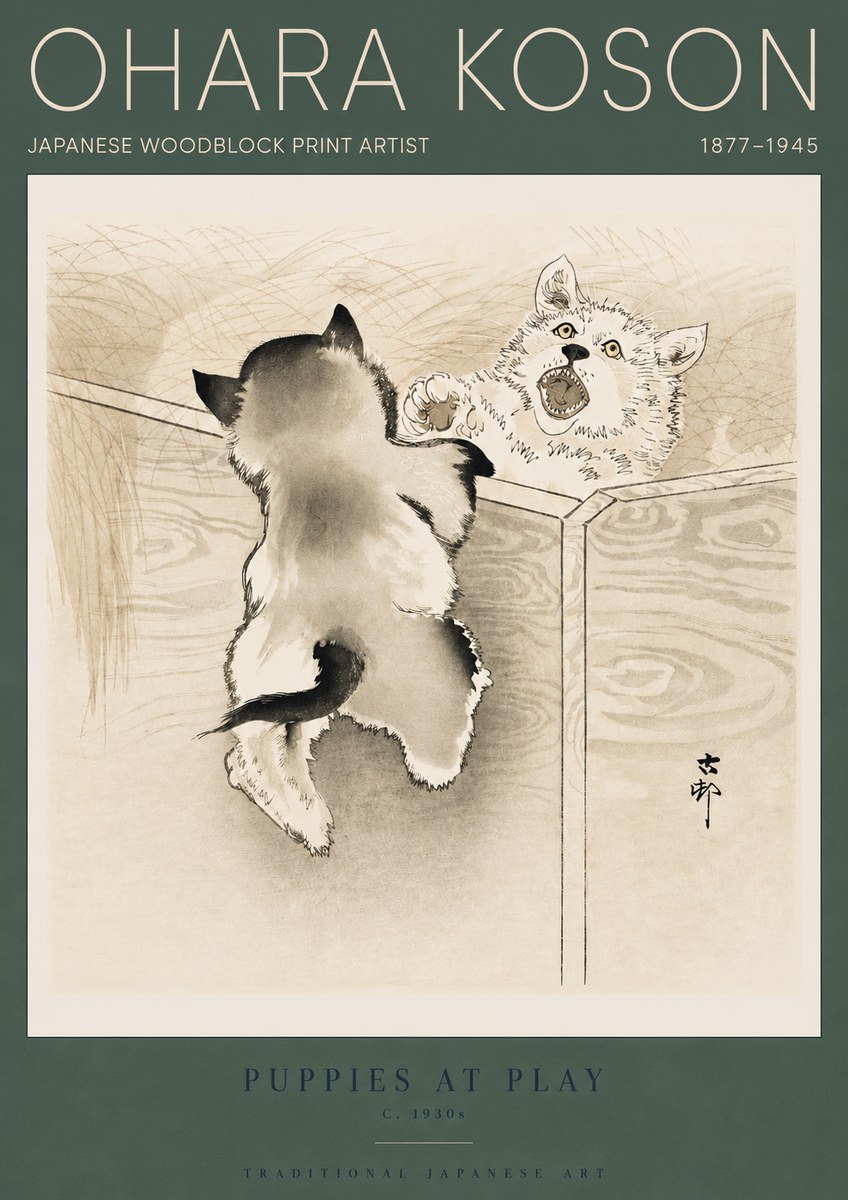 Ohara Koson Puppies at Play No4 - Plakát