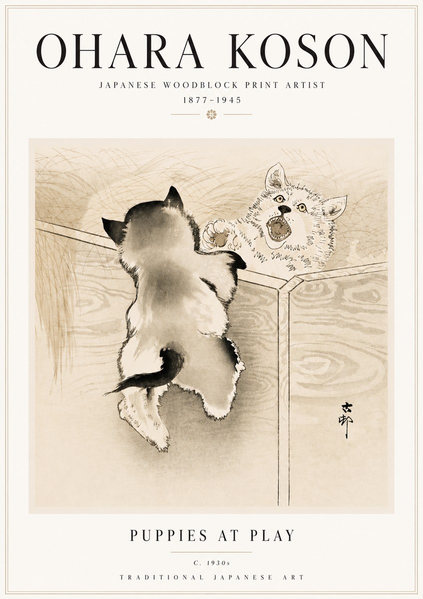 Ohara Koson Puppies at Play No5 - Plakát
