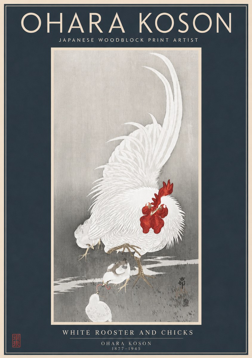 Ohara Koson White Rooster and Chicks No2 - Plakát