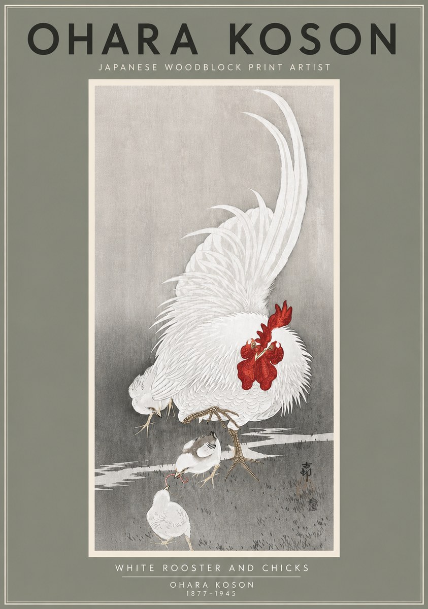 Ohara Koson White Rooster and Chicks No4 - Plakát