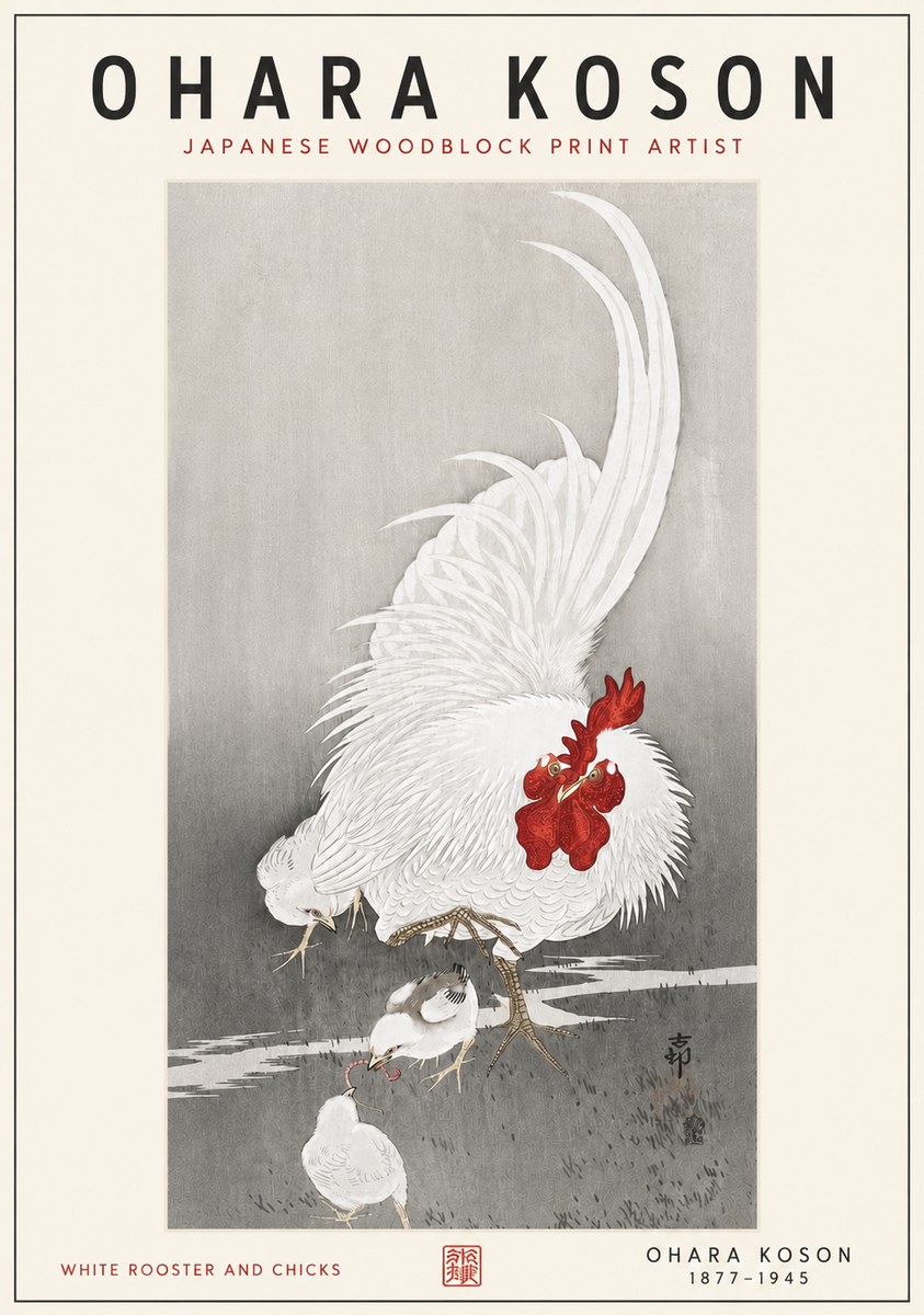 Ohara Koson White Rooster and Chicks No6 - Plakát