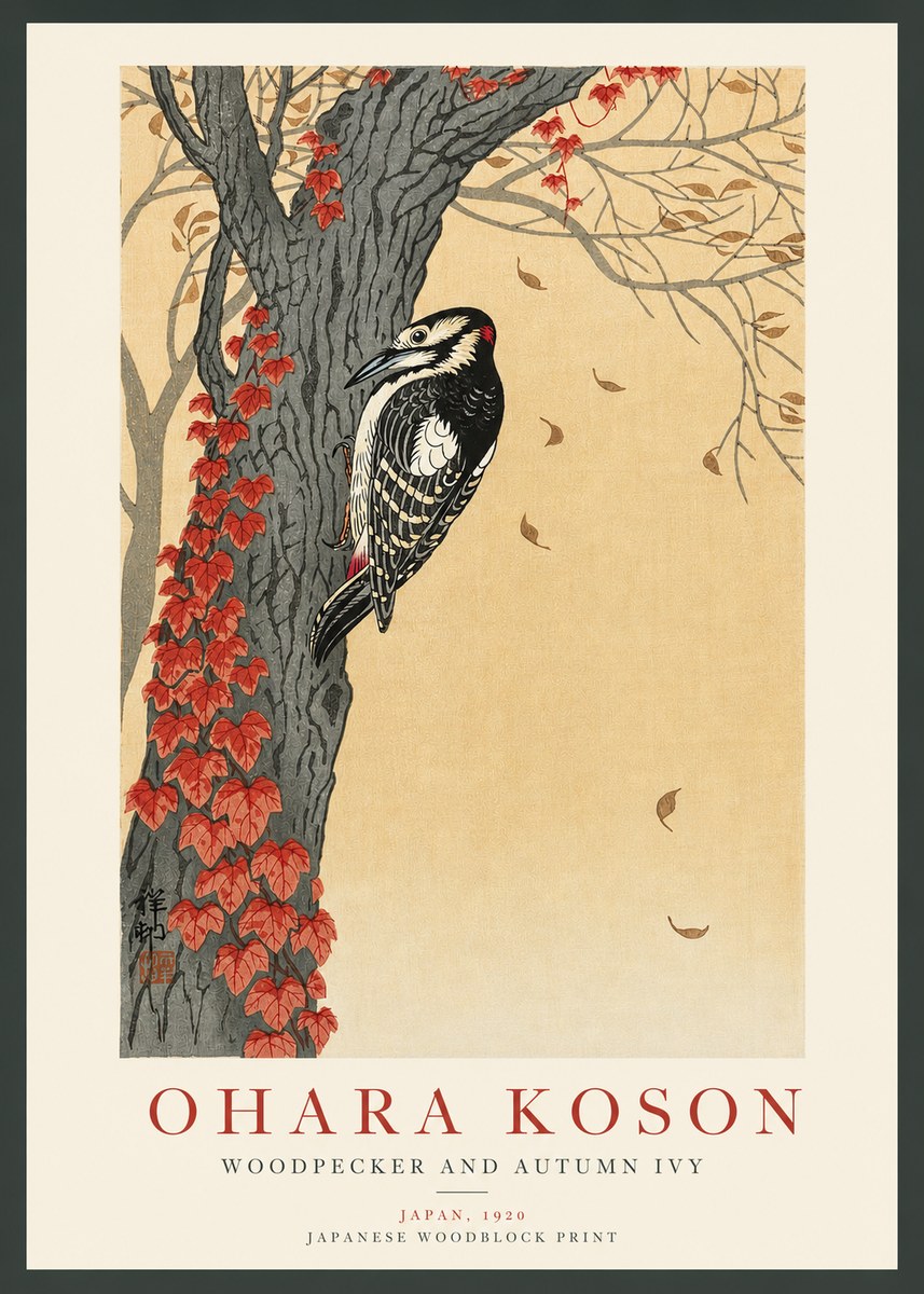 Ohara Koson Woodpecker and Autumn Ivy No3 - Plakát