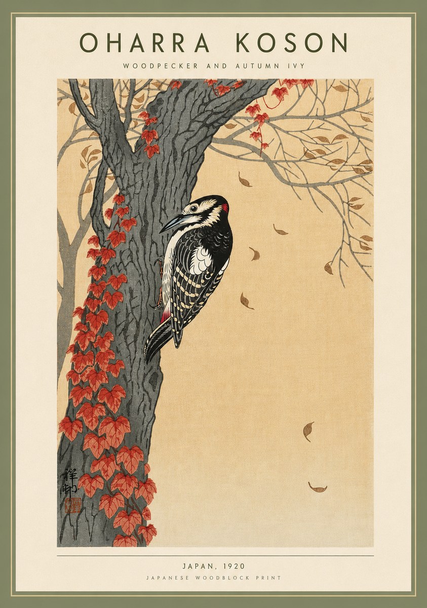 Ohara Koson Woodpecker and Autumn Ivy No4 - Plakát