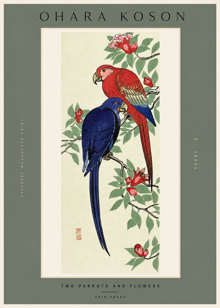 Ohara Koson Two Parrots and Flowers No2 - Plakát