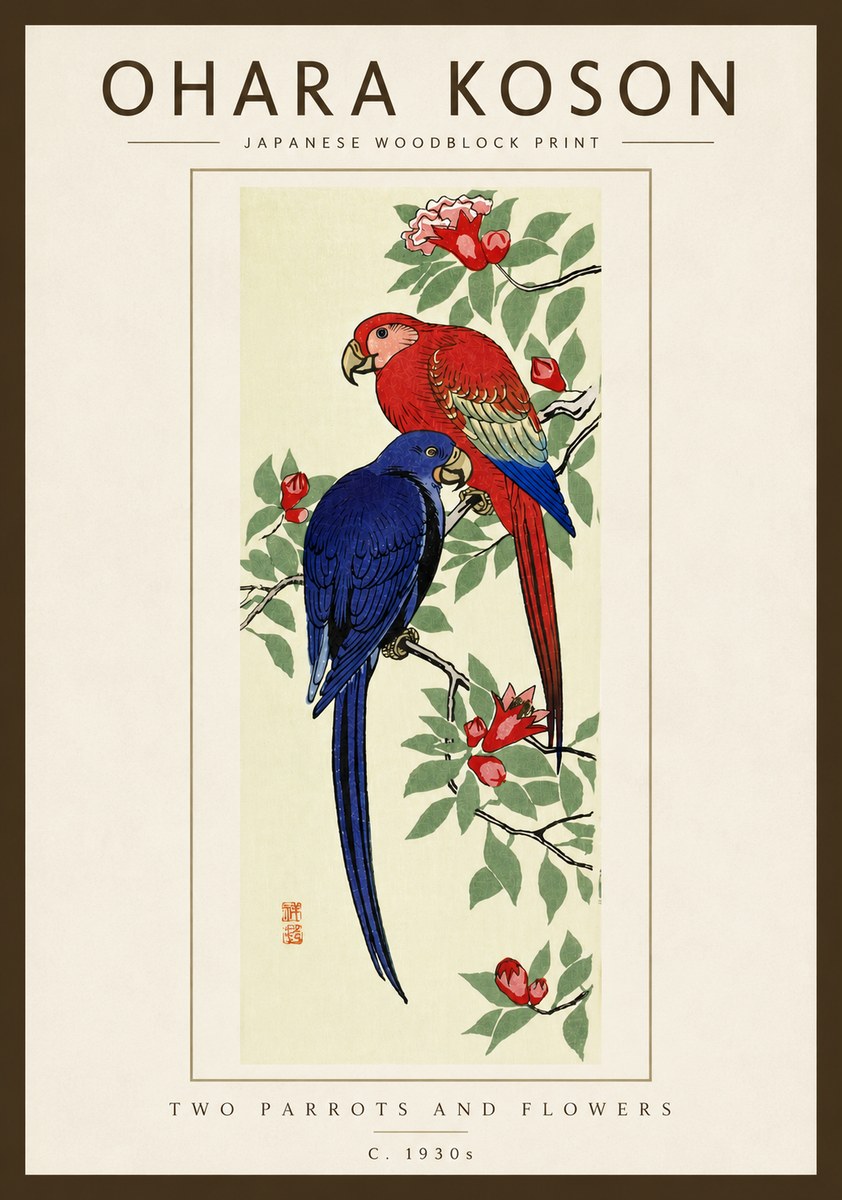 Ohara Koson Two Parrots and Flowers No5 - Plakát