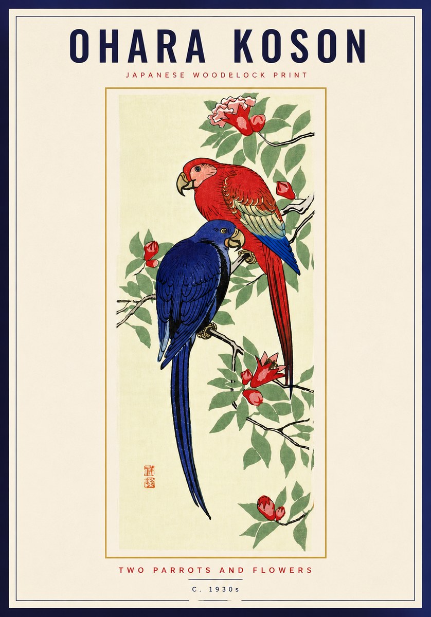 Ohara Koson Two Parrots and Flowers No6 - Plakát