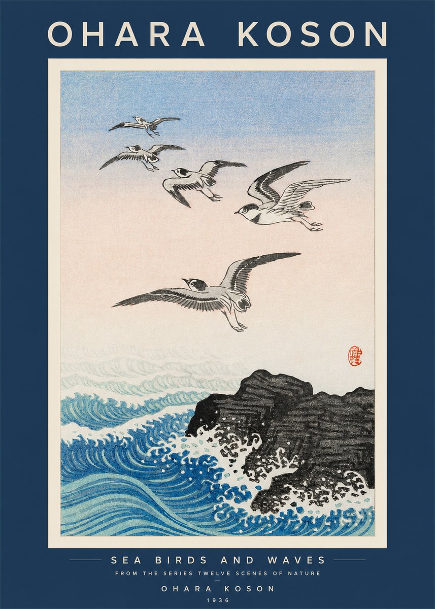 Ohara Koson Sea Birds and Waves No2 - Plakát