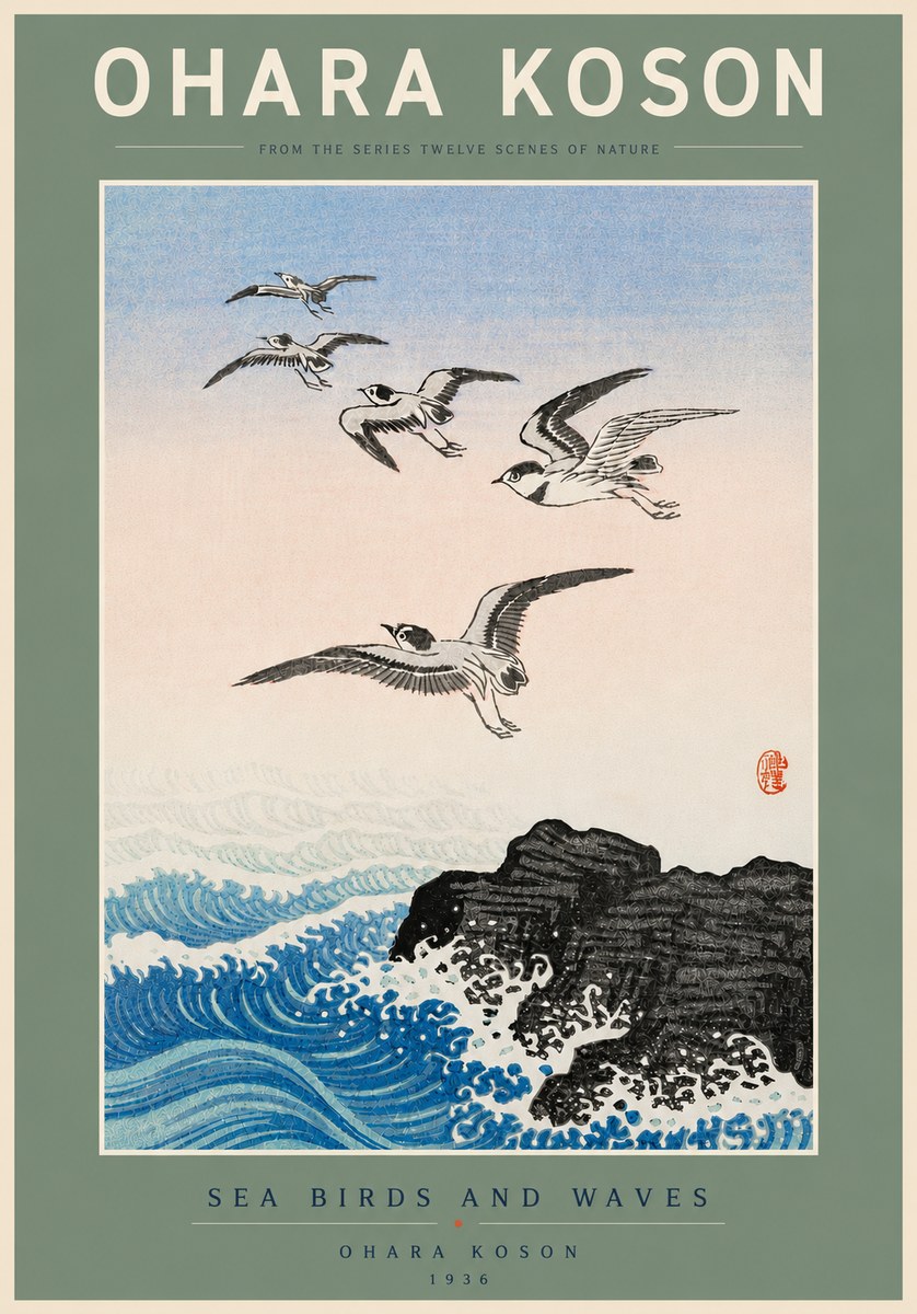 Ohara Koson Sea Birds and Waves No5 - Plakát