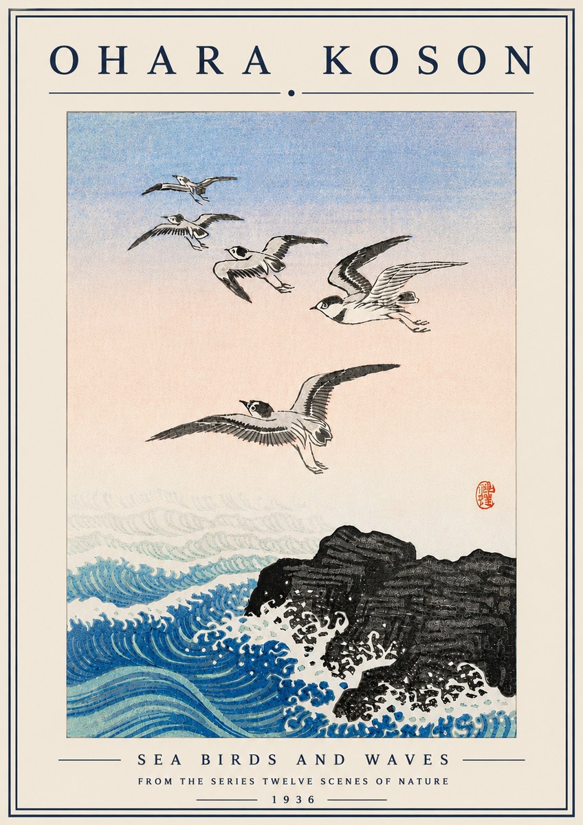 Ohara Koson Sea Birds and Waves No6 - Plakát