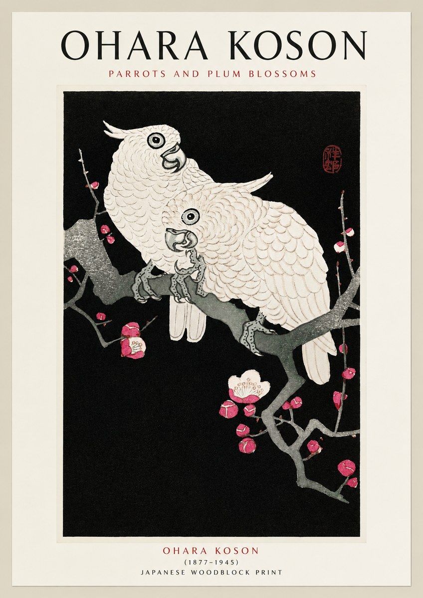 Ohara Koson Parrots and Plum Blossoms No1 - Plakát