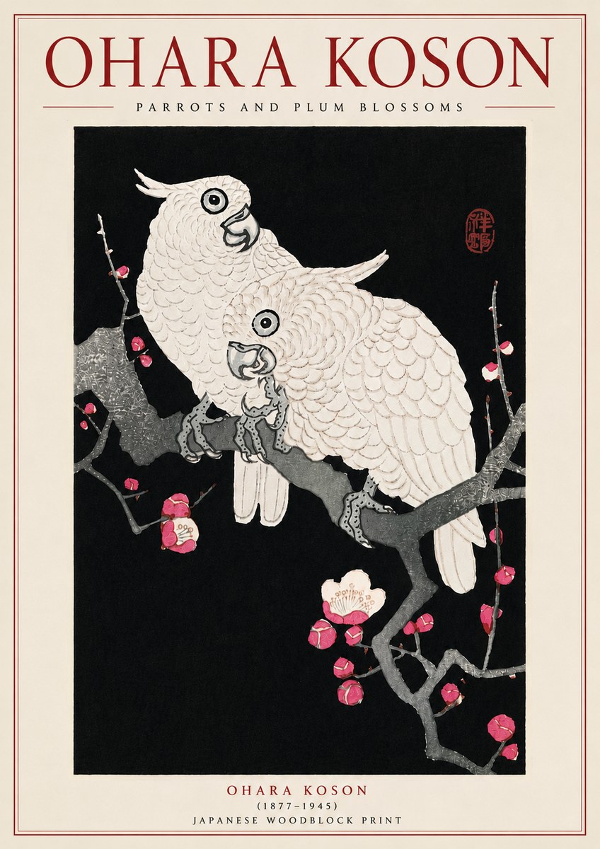 Ohara Koson Parrots and Plum Blossoms No5 - Plakát