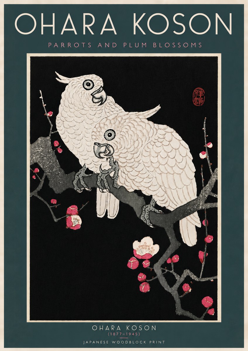 Ohara Koson Parrots and Plum Blossoms No6 - Plakát