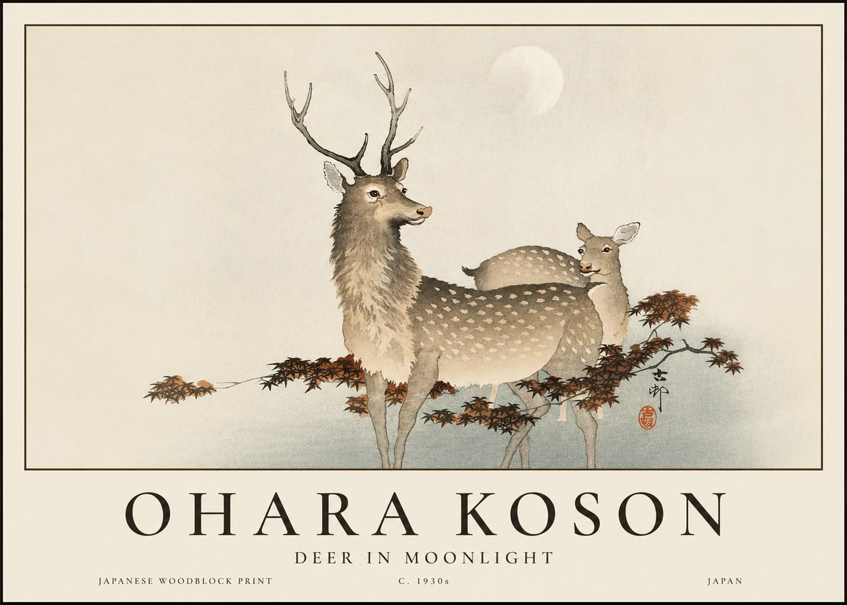 Ohara Koson Deer in Moonlight No3 - Plakát