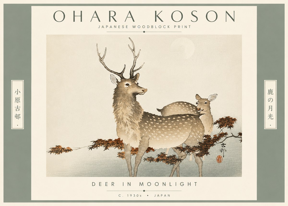 Ohara Koson Deer in Moonlight No4 - Plakát