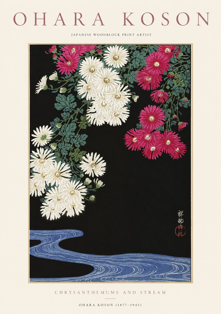Ohara Koson Chrysanthemums and Stream No1 - Plakát