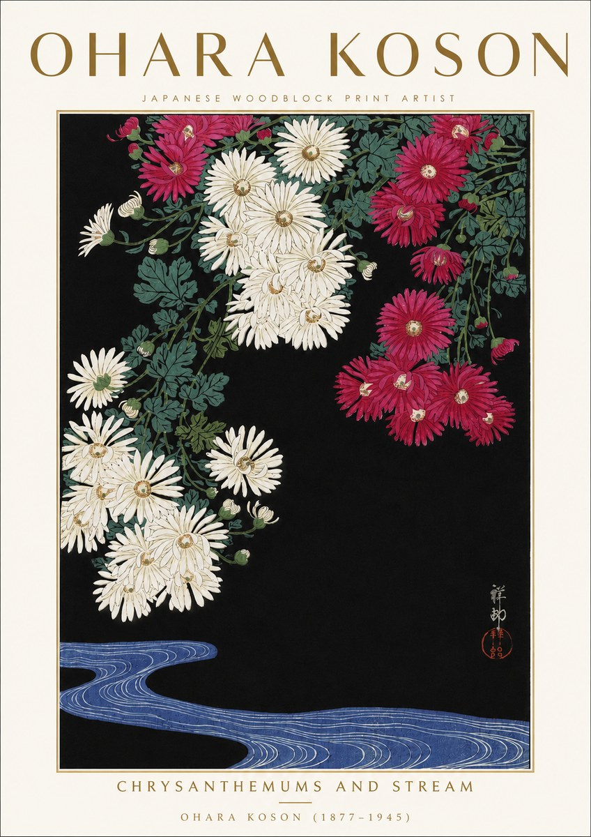 Ohara Koson Chrysanthemums and Stream No3 - Plakát
