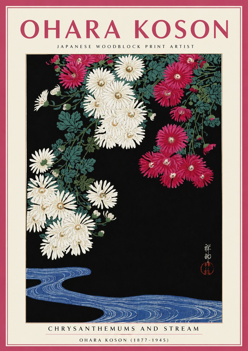 Ohara Koson Chrysanthemums and Stream No5 - Plakát